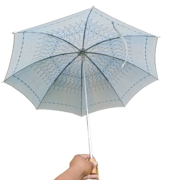 Handmade Vintage Hand-Embroidered Fabric Umbrella | 20" Long - Picture 2 of 5